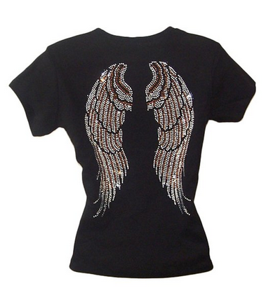 Angel Wing Rhinestone Black Womens T Shirts Top